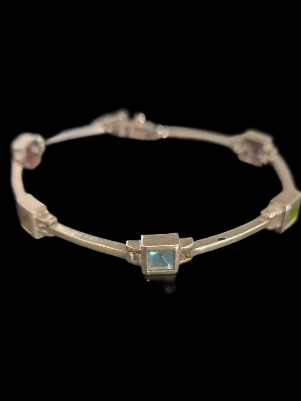Vintage 925 Sterling Silver Multi Gemstone Bar Link Station Bracelet 7"